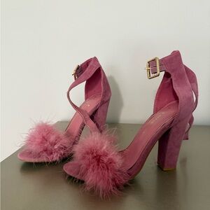 Pink Suede Heeled Sandals with Feather Detail